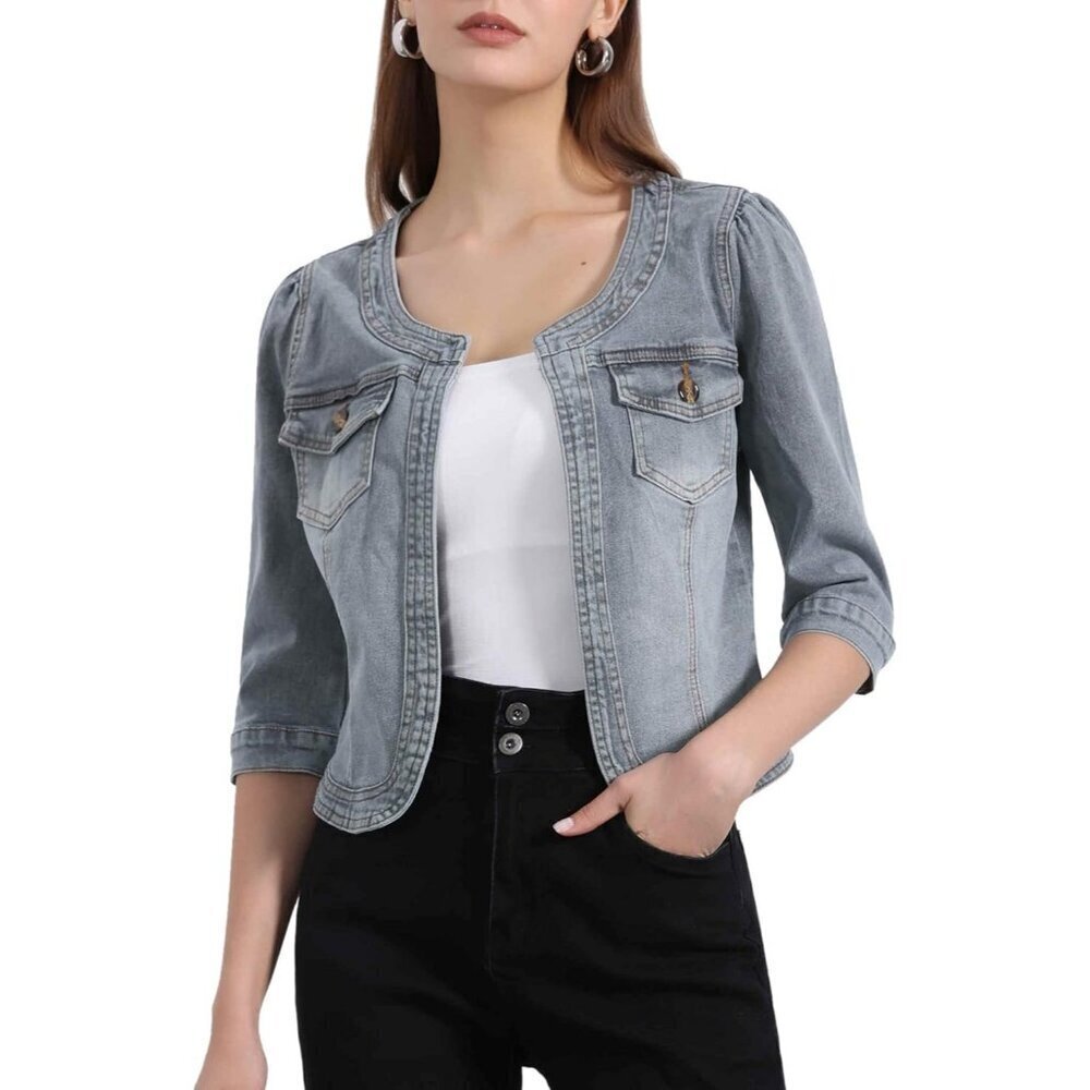 Women's Jean Jacket Slim Fit Casual Denim Jacket 3/4 Sleeves Outwear Gray